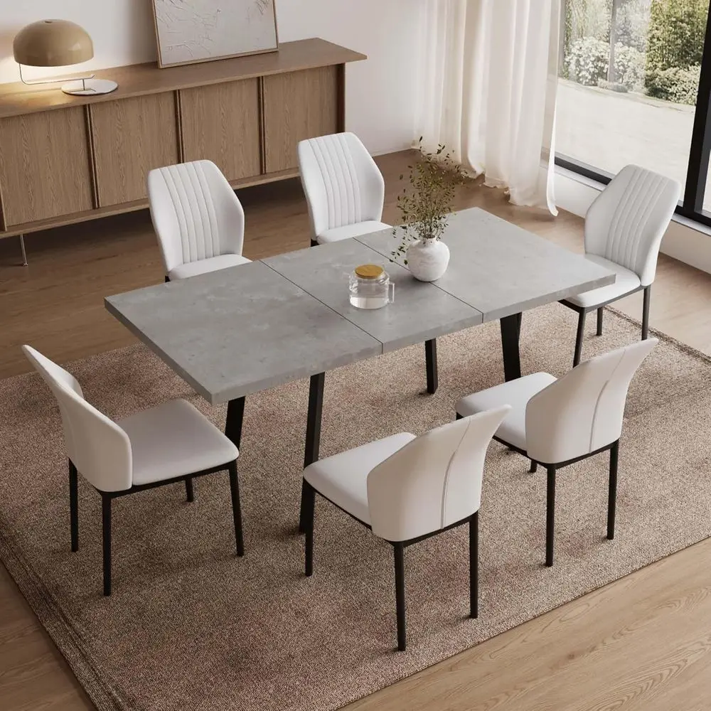 

47.2"- 62.9" Exble Dining Table Set or 6, ern Kitchen Table with 6 PU Leather Chairs, Thickened Expandable MD Wooden Table with