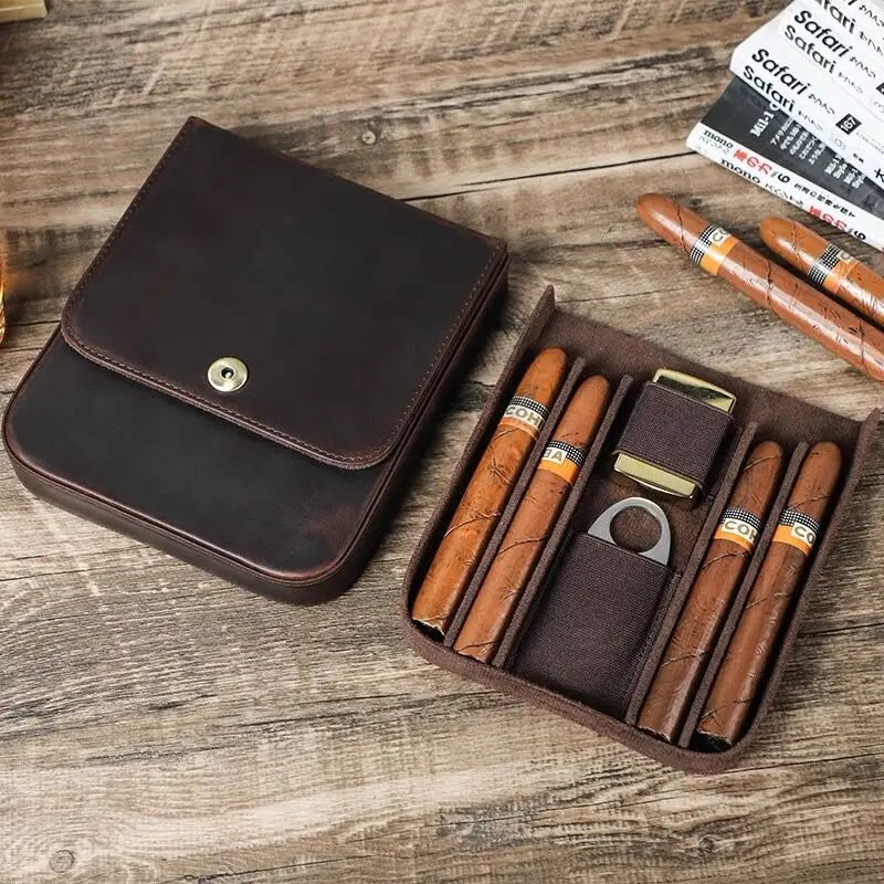 

Fashionable Retro Wild Horse Cow Leather Cigar Case, High-End Portable Cigar Case.