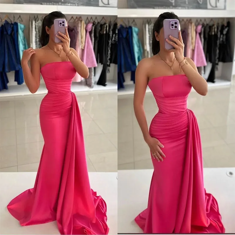 Rosy Pink Mermaid Prom Dress Strapless Evening Elegant Sleeveless Pleats Waist Decor Formal Dresses For Special Occasions