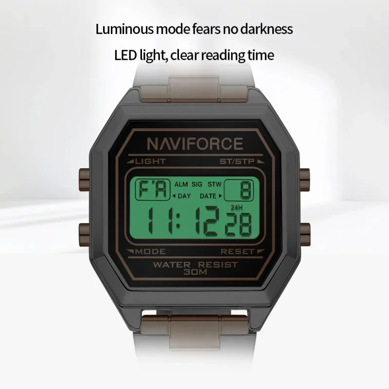 NAVIFORCE ساعة إلكترونية فاخرة للسيدات عرض التاريخ وضع مضيء LED مصباح 3ATM مقاوم للماء حزام من الفولاذ المقاوم للصدأ ساعة أنيقة