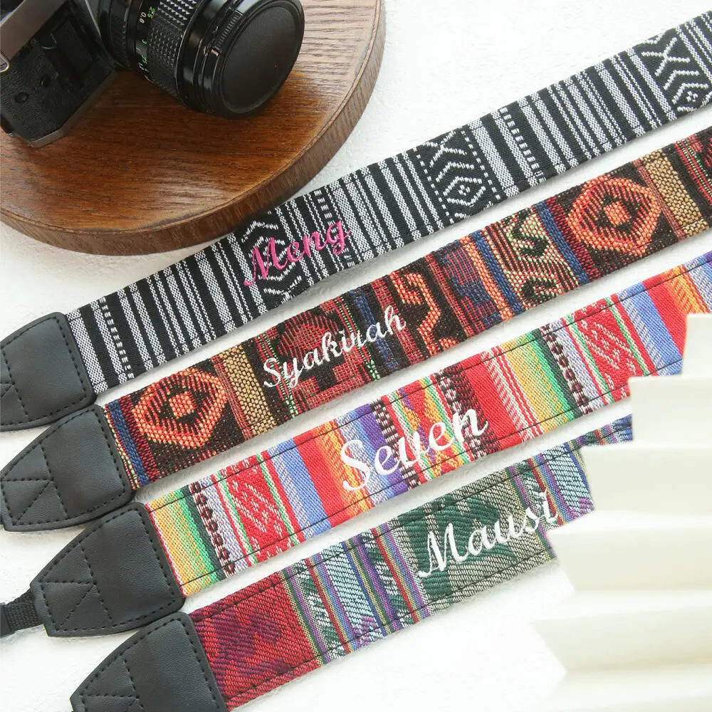 Custom Name Ethnic Woven Camera Strap Personalized Embroidered Bohemian Adjustable Dslr Camera Shoulder Strap Travel Accessories