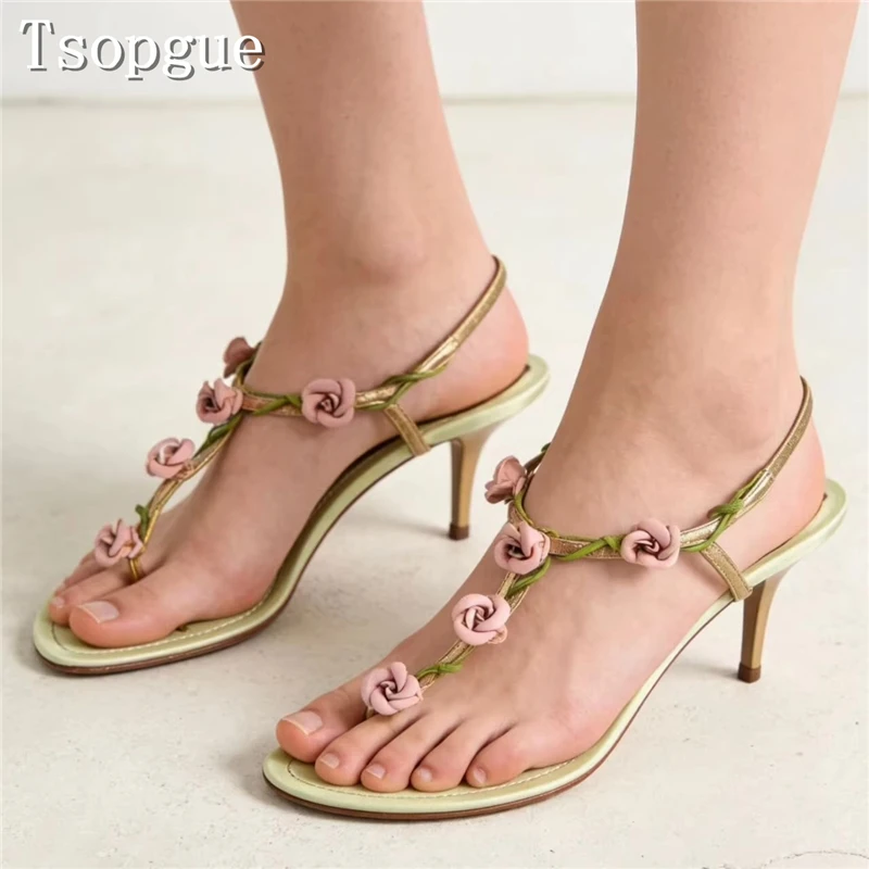 

Pink Rose Floral Pinch Toe Sandals Women New T-Shaped Strap High Heels Elegant Dress Shoes for Wedding & Summer Events