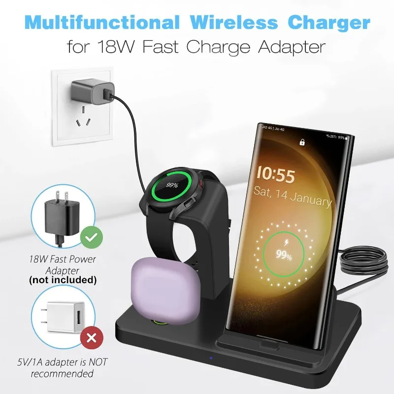 

Беспроводное зарядное устройство 3 в 1 для Samsung S25 S24 S23 для Galaxy Watch 8 7 6 5 Pro 4 3 Buds 3 Dual Type C Ports Станция быстрой зарядки