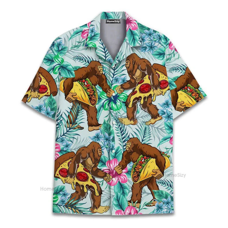 

Bigfoot Flamingo Graphic Fun Hawaiian Shirts For Man Personality Street Short Sleeve Shirt Vintage Leaves Vacation Men Clothing