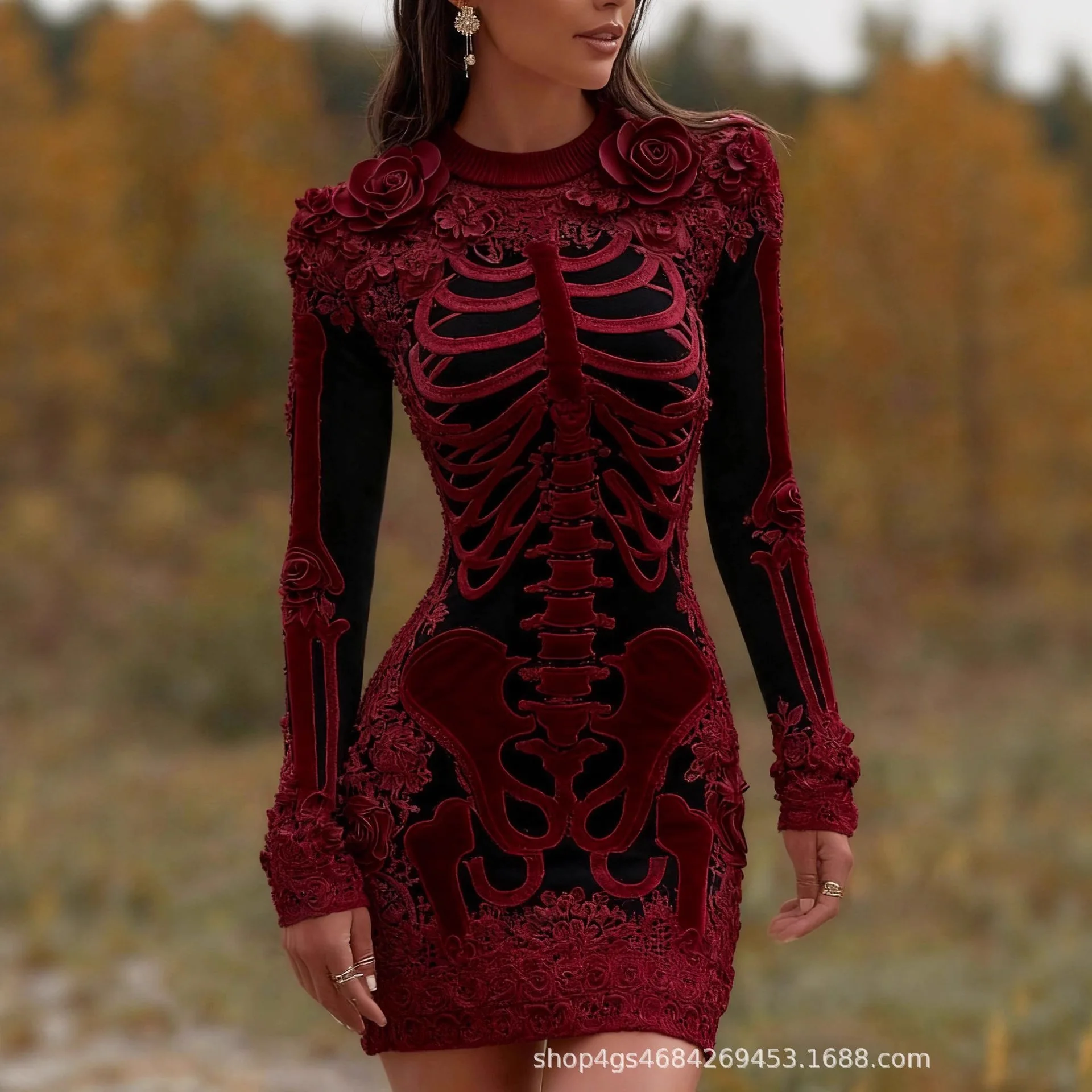 Spooky Gothic Skull Round Neck Sweater Slim-fit Bodycon Dress Halloween Masquerade Performance Clothing for Adults view 3