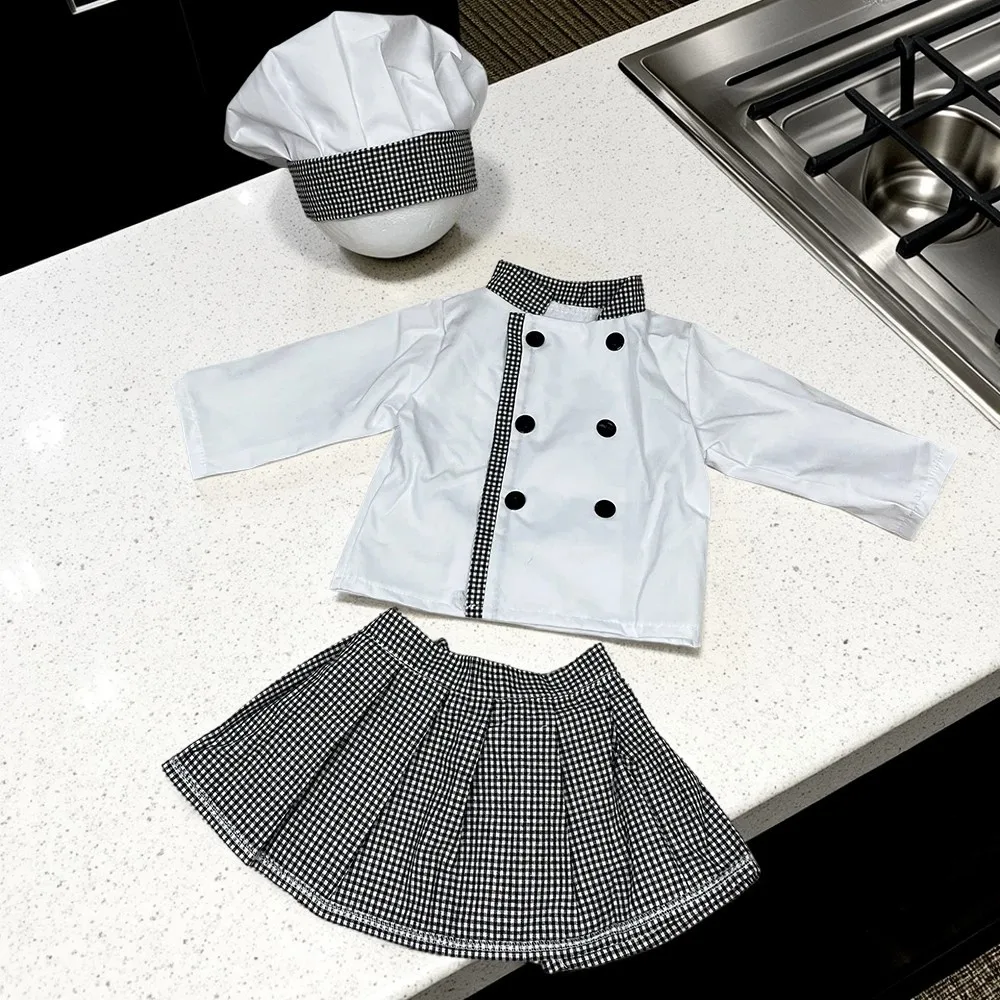 

Baby Chef Costumes Newborn Photography Outfits Plaid Patchwork Chef Hat, Button Top and Plaid Apron Suit for Baby photos props