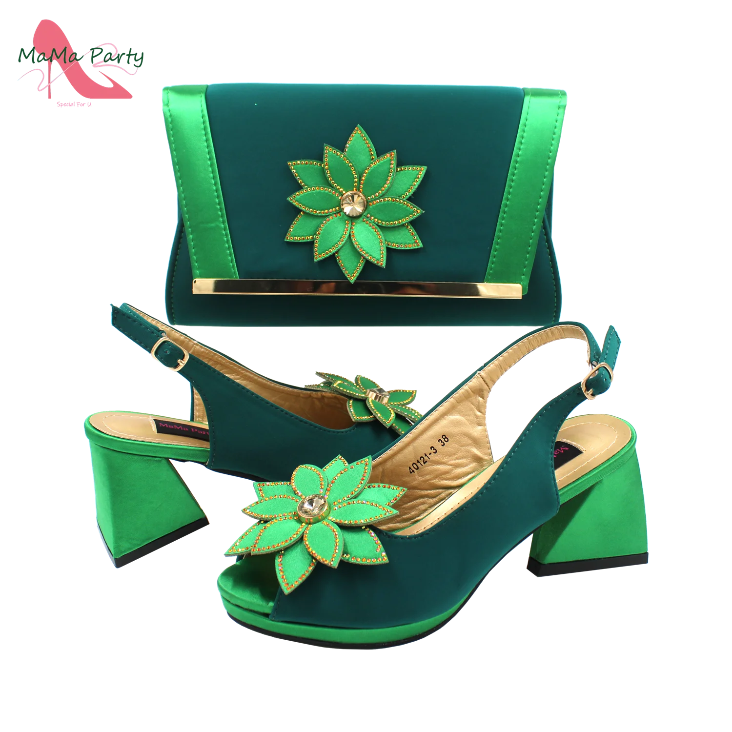 INS New Design Italian Women Shoes and Bag Set in Green Color High Quality Comfortable Heels with Appliques for Wedding