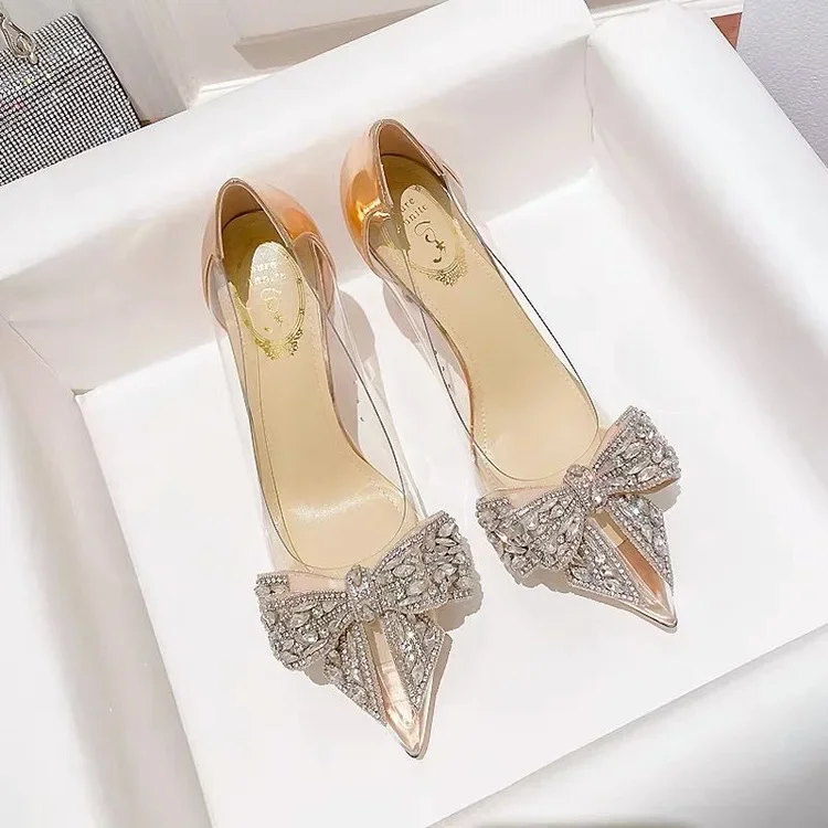 Women\'s Bow-Knot & Rhinestone Decor High Heels, Pointed Toe & Stiletto Heel, Fashionable Silver Pumps