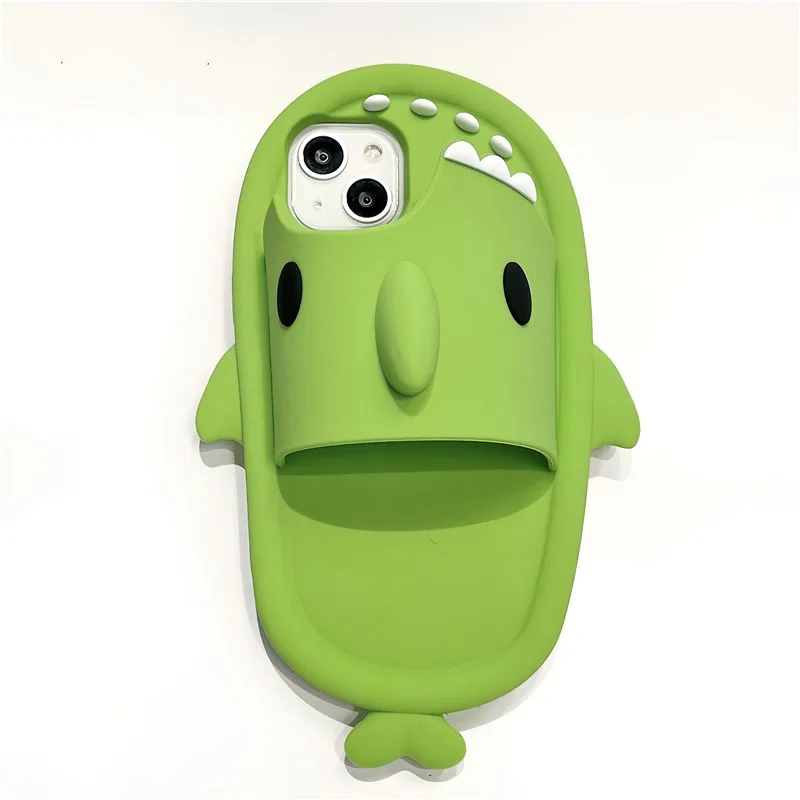 Shark slippers Soft Silicone Phone Case for iPhone X XS XR 11 12 13 14 15 16 Pro Max 16pro teeth Green Back shockproof Cover