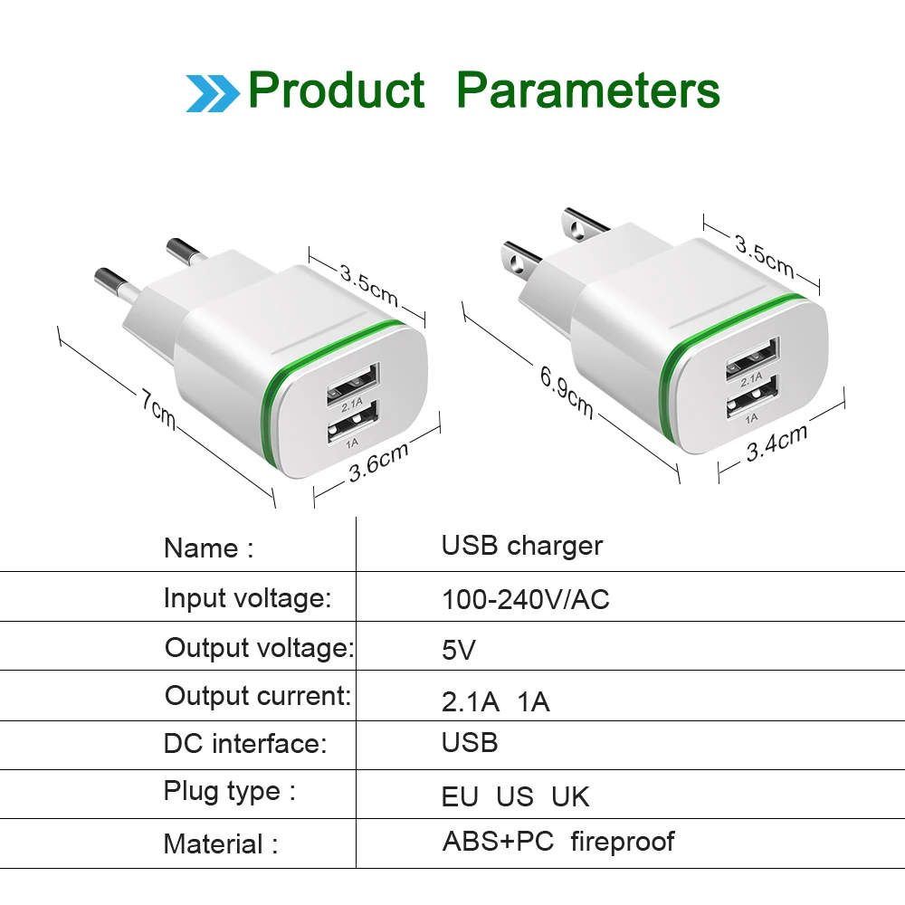 EONLINE Dual USB Fast Charge Universal LED Light Wall Adapter 3.1A Travel charge Multi Port Charger For HUAWEI iPhone Samsung