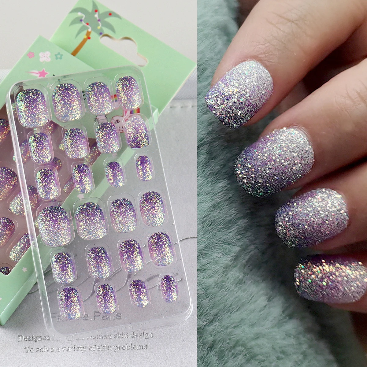 24 Pieces Purple Glitter Kids Press on Nails Pre-glue Children Gradient False Nail Art Tips Short Full Cover Fake Nails for Girl