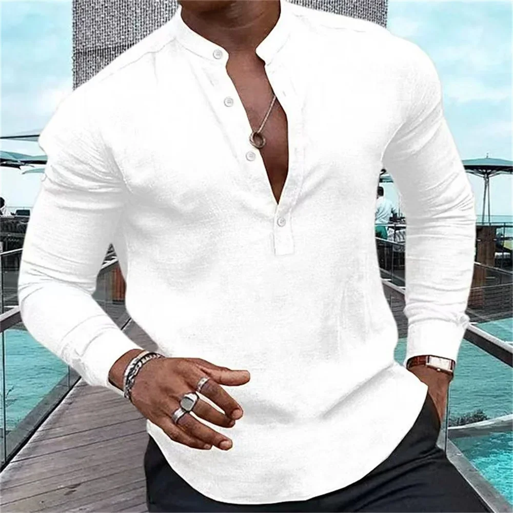 Men's Simple Retro Light Luxury Linen Long Lapel Shirt Men's Solid Color Shirt Hawaiian Vacation Business Casual Top Multi-color