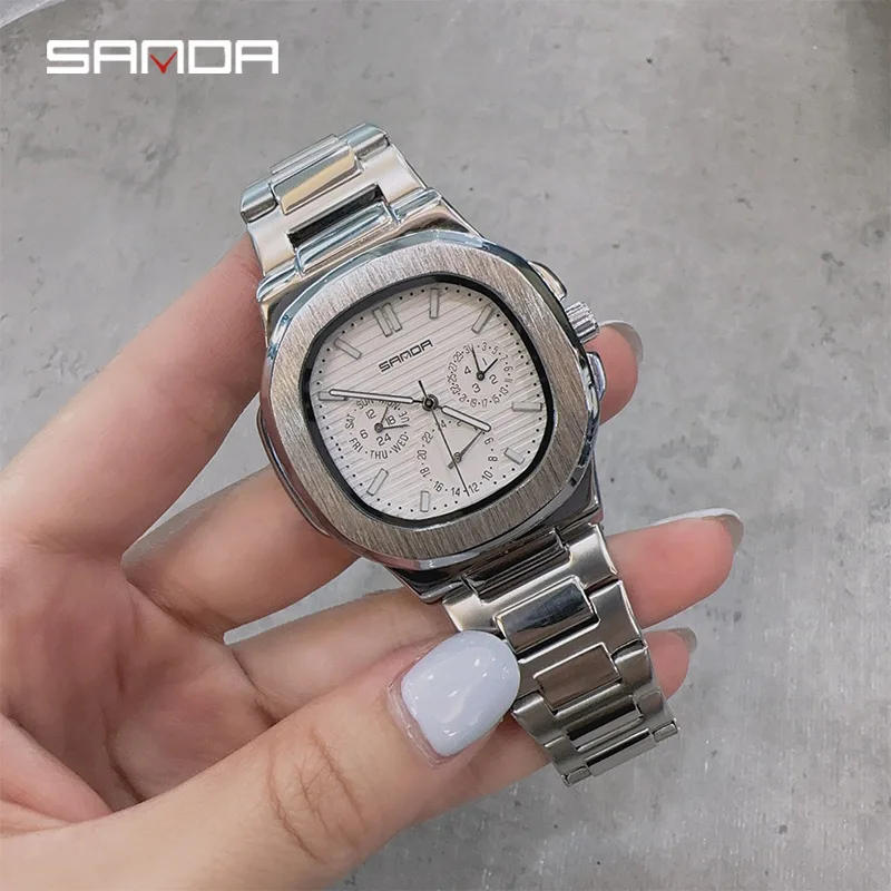 Free Shipping OUTLETSSanda Brand New Belt Quartz Watch Three Eyes and Six Needles Simple Bar Nail Fashion Stainless Steel