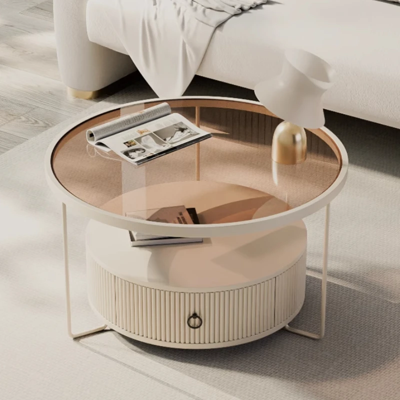 Premium Marble round Side Table with 3-Tier Storage Tempered Glass Top Minimalist Cream End Table for Small Space Living Room