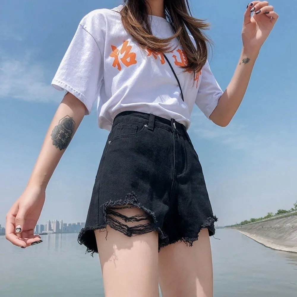 Casual Stretchy Jean Shorts for Women High Waisted Tassel Denim Shorts Ripped Frayed Raw Hem Distressed Shorts Summer Wear