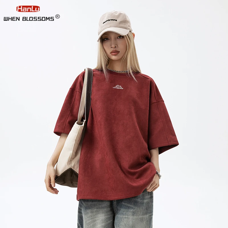 2024 Men Suede Short Sleeved T-shirt Men Women\'s Summer Oversized Tops Embroidered Trendy T-shirt Couple Streetwear Red Tees