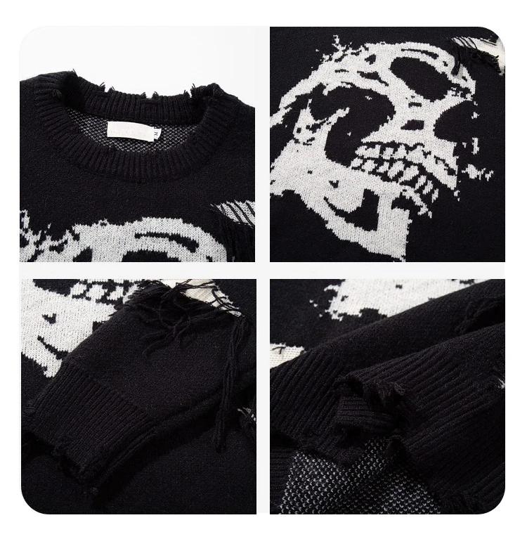 Autumn Winter New American Gothic Style Men's Jacquard Ripped Patchwork Design Loose Casual Round Neck Black Gray Knit Sweater