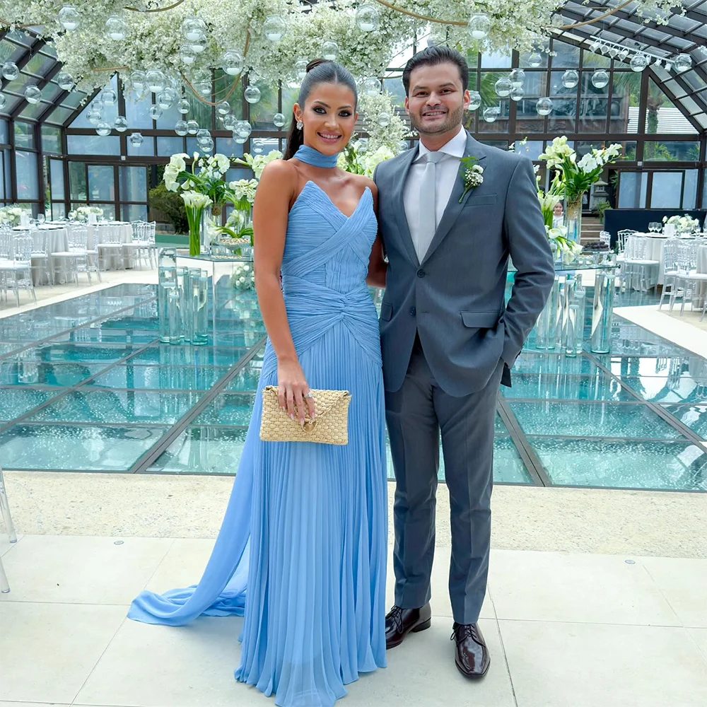 فستان سهرة أنيق أزرق على شكل قلب بدون أكمام فساتين زفاف للضيوف للنساء فستان رسمي طويل مخصص للحفلات #3