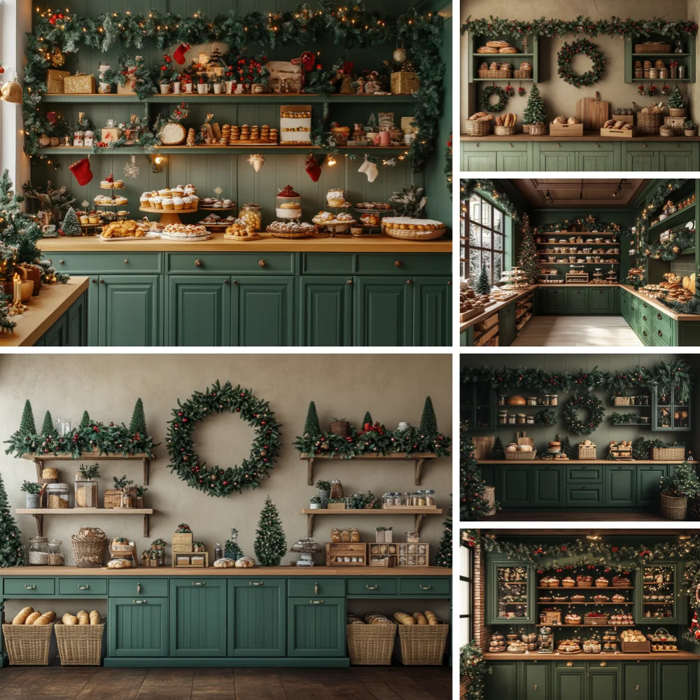 

Realistic Kitchen Scene With Green Cabinets Backdrops Kids Adult Photography Child Baby Photocall Decors Xmas Window Backgrounds