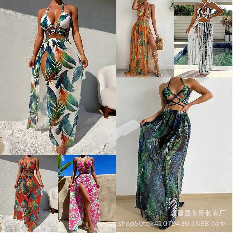 

Woman Bikini Floral Print Halter Neck Sets Cut Out Top Bikinis Tropical Leaf Print Women's Swimwear Two Piece Swimsuit Beachwear