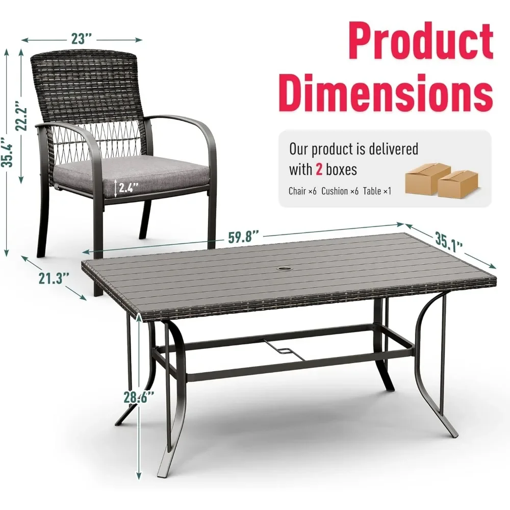 Ensemble de table à manger pour jardin, ensemble de salle à manger, extérieur, jardin d'arrière-cour, terrasse, côté piscine, lamelles de fer, WUNICEF, 7 pièces