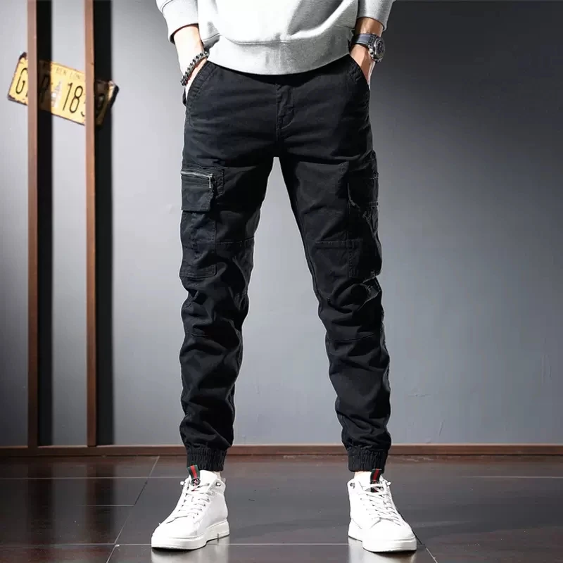 Celana Jeans pria mode jalan hitam hijau longgar pas saku besar kasual celana kargo Hombre ritsleting desainer Hip Hop JOGGER pria overall