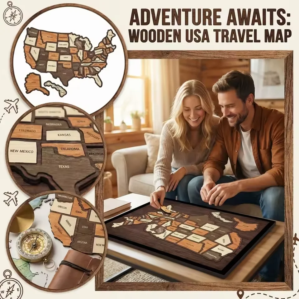 Puzzle de cartes des États-Unis en bois réutilisable avec lieux emblématiques, carte de voyage en liège, jouet interactif d'apprentissage de la géographie, décoration d'intérieur, cadeau unique