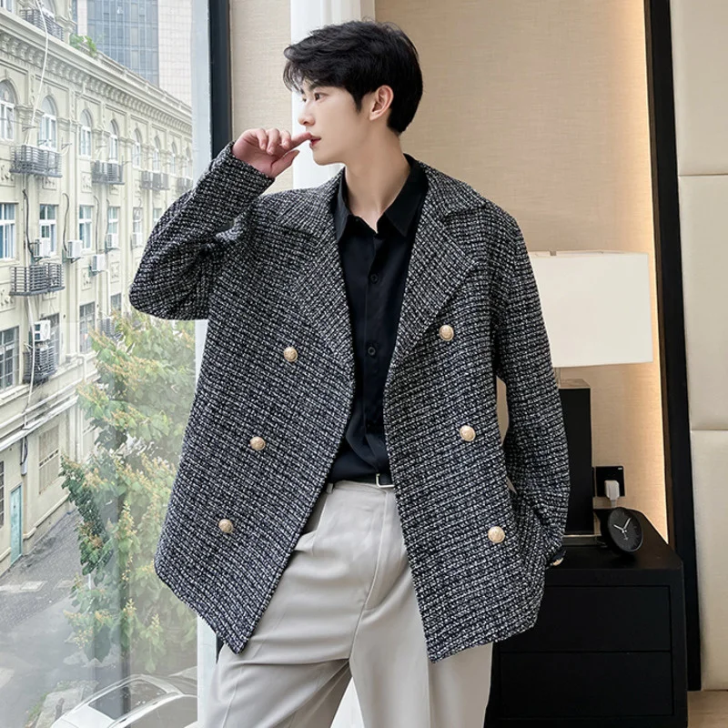 Korean Menswear Fashion Plaid Woolen Blazers Men's New Notched Double Breasted Thick Suit Jacket Tide Spring Winter 2022