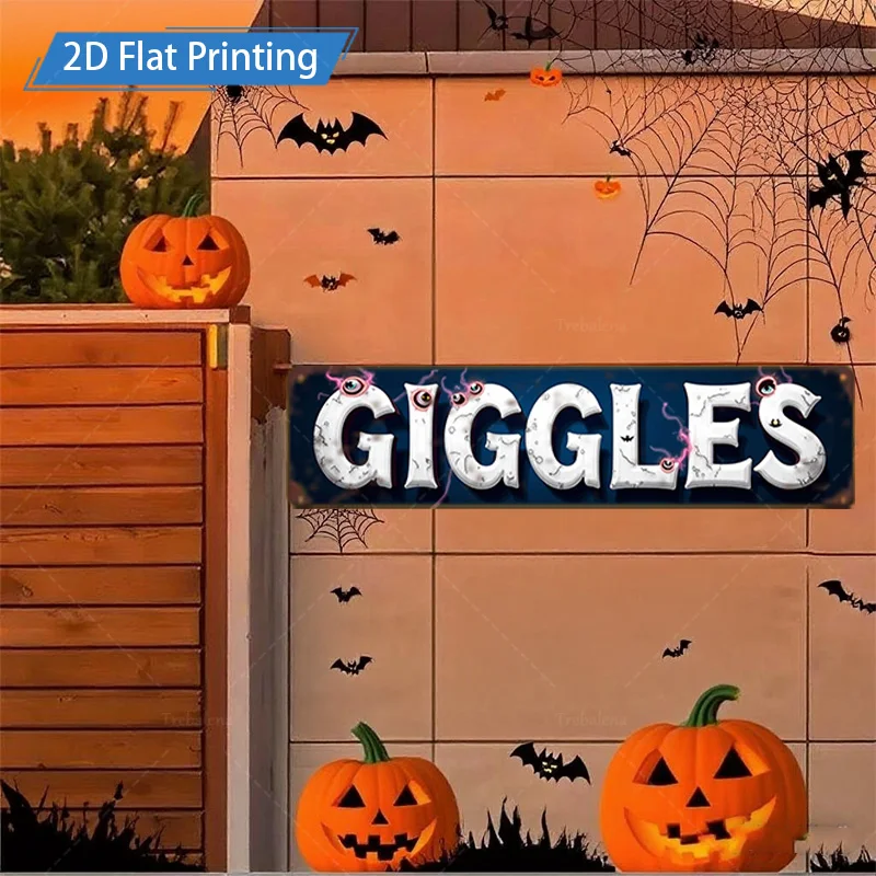 1 قطعة علامة معدنية ، 4x16 بوصة هالوين Giggles 2D علامة الطباعة المسطحة ، مخيف اليقطين الخفافيش ديكور للسياج