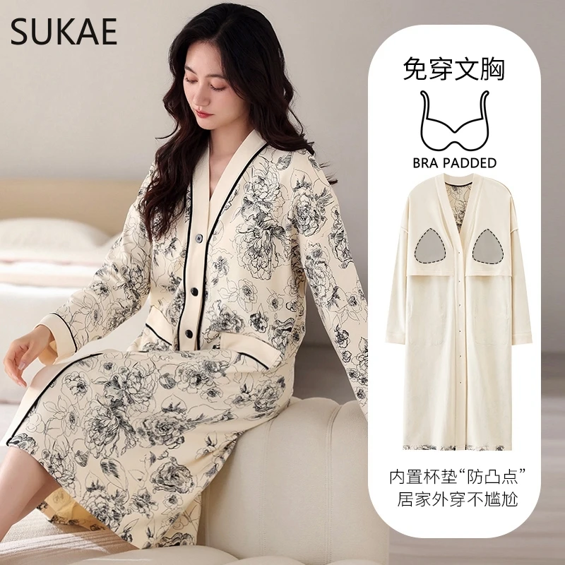 SUKAE Bra Padded Sleepshirts M-5XL Plus Size Cotton Nightgowns Autumn Winter Women Long Sleeves Nightgown V-neck Nightdress