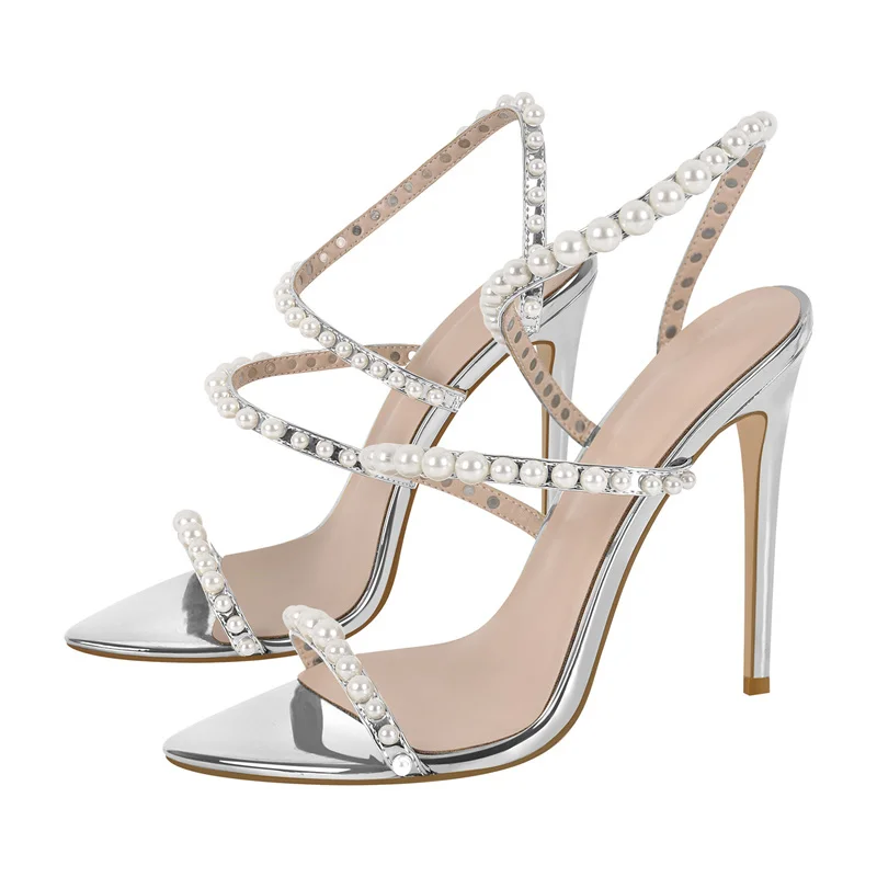 Onlymaker Women Pointed Toe Sexy Strap Stiletto Pearl High Heel Ankle Strap Wedding Summer Sandals