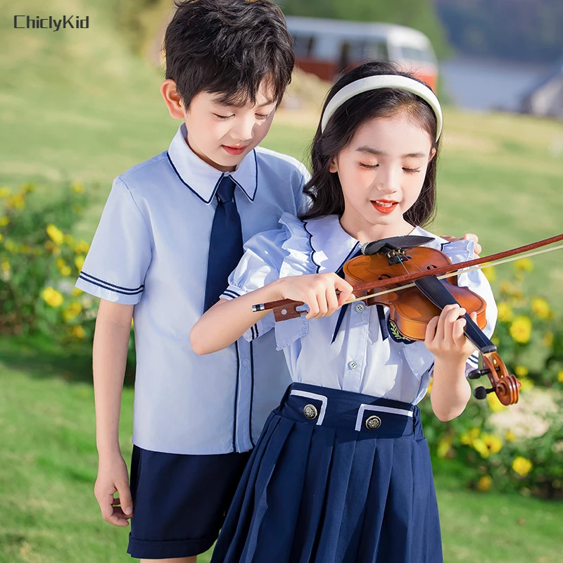 Boys British Shirt Tie Shorts Girls Peter Pan Collar Blouse Skirts Kids Toddler Cute Clothes Sets Children Summer School Uniform