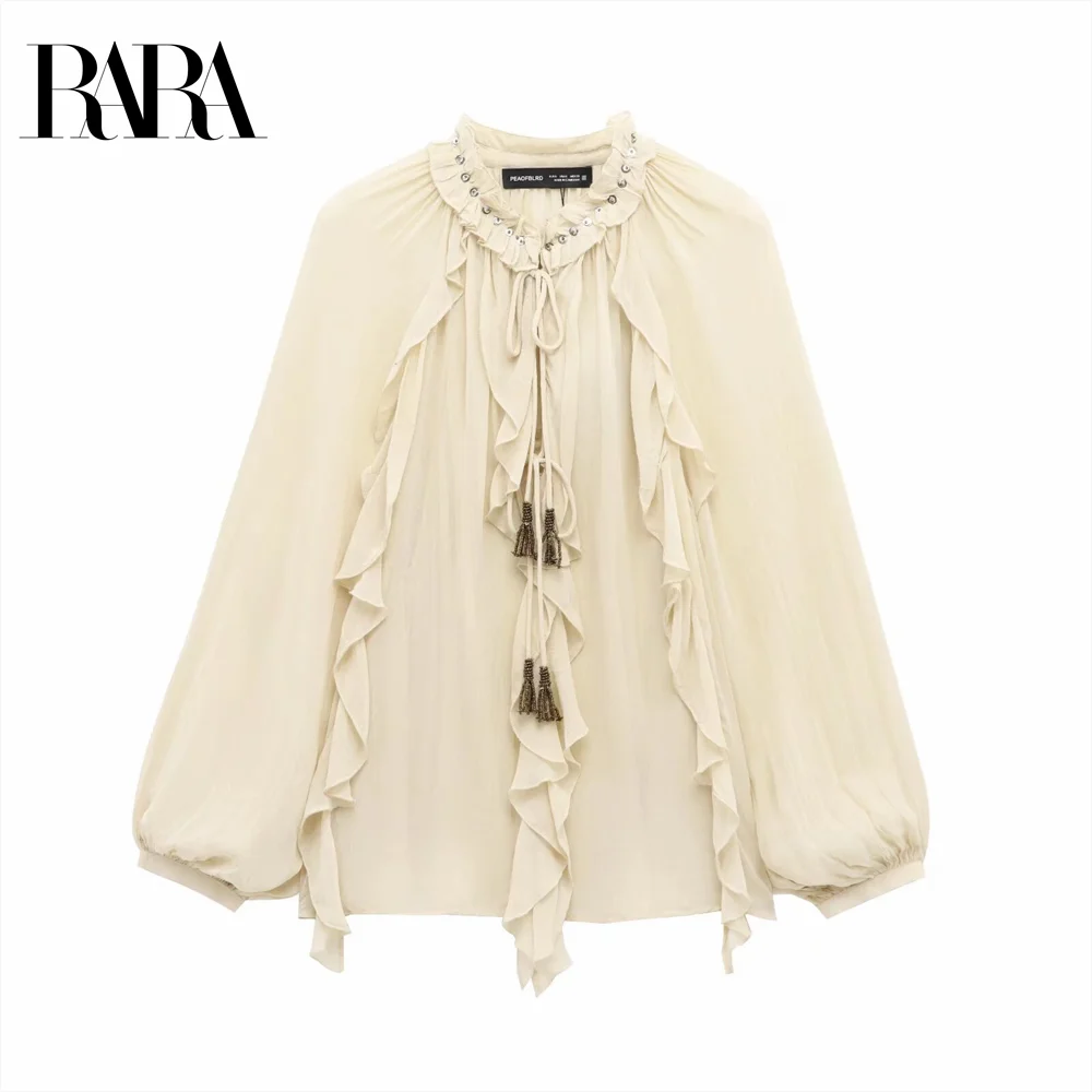 

2025 RARA Winter New Product Women's Fashion Casual Romantic Style Stacked Decoration Bow Tie Long Sleeve Shirt