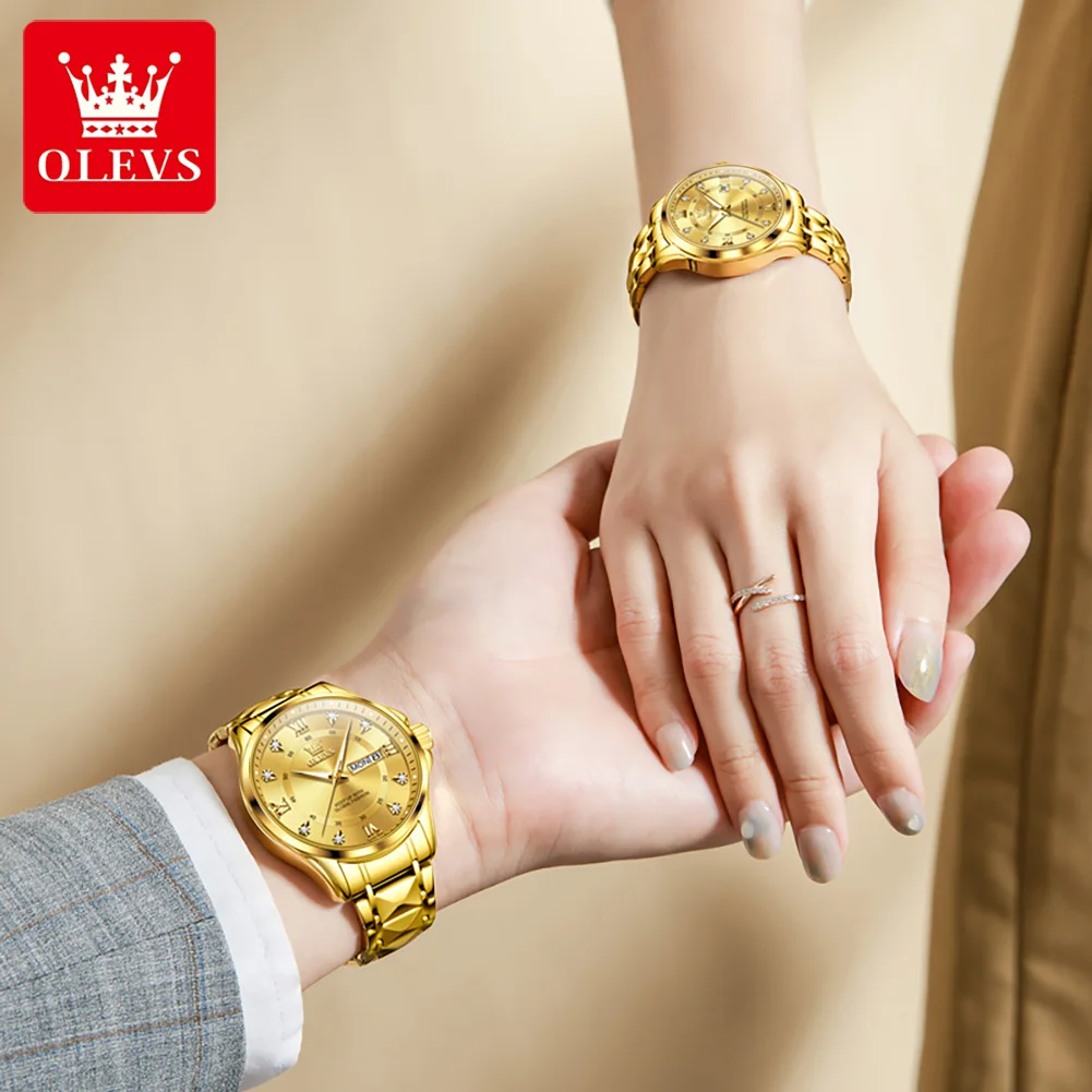 OLEVS-Relógio Quartzo Masculino e Feminino, Par de Relógio Casal, Diamante Luxo, Bracelete de Aço, Calendário Week, Lovers Watches