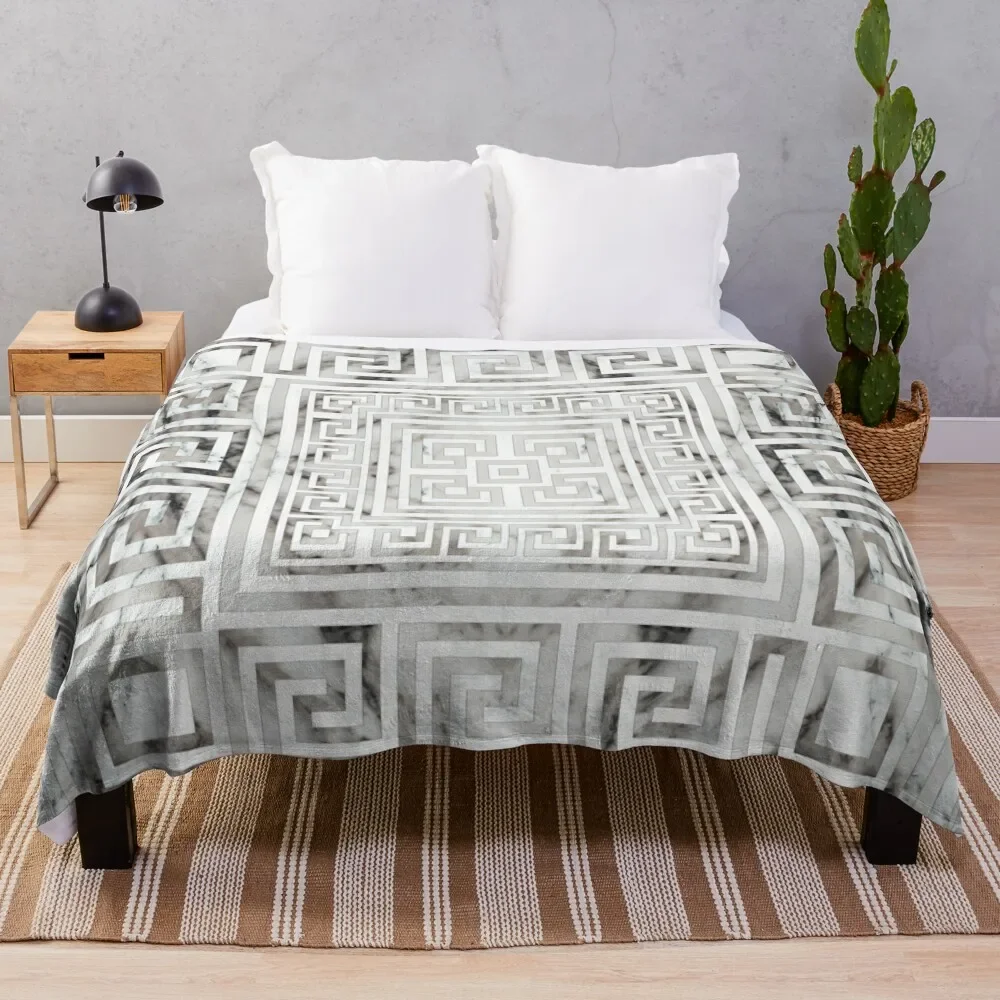 

Greek Meander - Greek Key White Marble texures Throw Blanket Thermals For Travel Weighted Blankets