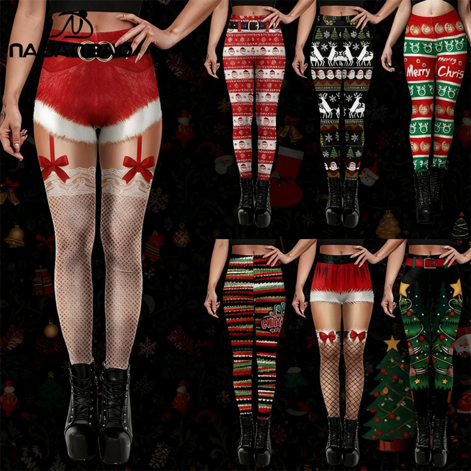 Nadanbao سانتا كلوز الغزلان الطباعة طماق امرأة مثير عيد الميلاد الجوارب في الهواء الطلق اليوغا السيدات السراويل الصيف عطلة حزب السراويل #2
