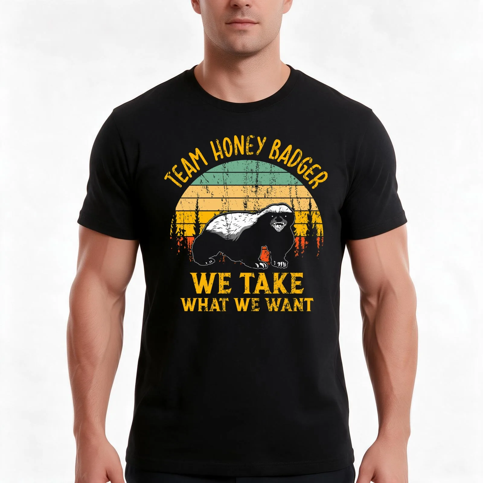 Honey Badger Dont Care We Take What We Want Snarling Wild Animal Vintage Sunset T-Shirt, Summer Casual Cotton Tee, 100% Cotton