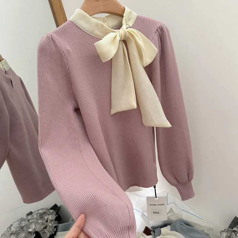 Chic Korean Bow Sweater Women Autumn Winter Long Puff Sleeve Pullover Sweaters Patchwork Knitted Sweater Pull Femme