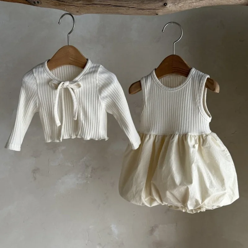 

2026 Spring New Cute Girls Dress Set Children Casual Clothes Outfits Baby Girl Solid Cardigan + Sleeveless Dress 2pcs Suit