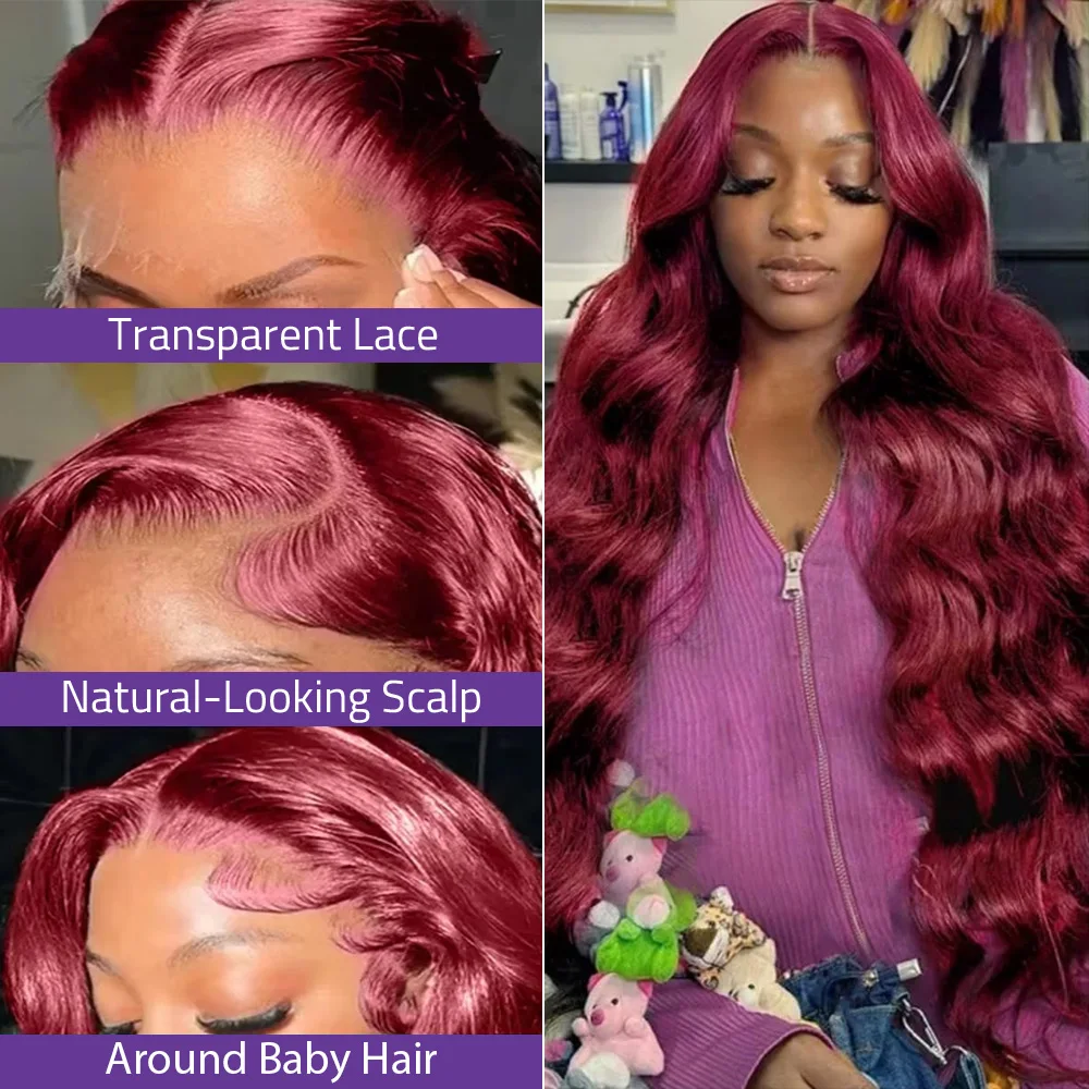 200% الكثافة الجسم موجة بورجوندي 99J الدانتيل شعر مستعار أمامي 30 36 بوصة 13x4 13x6 HD الدانتيل أمامي خصلات الشعر المستعار الإنسان البرازيلي للنساء #2