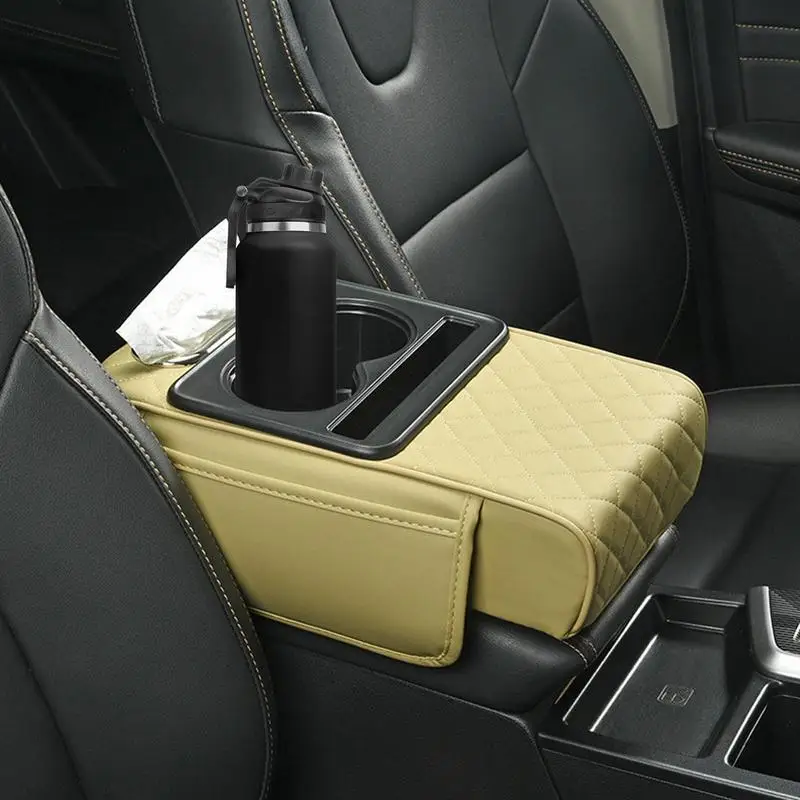 PU Leather Armrest Heightening Pad Car Center Console Armrest Cushion With 2 Cup Holder Car Interior Accessories