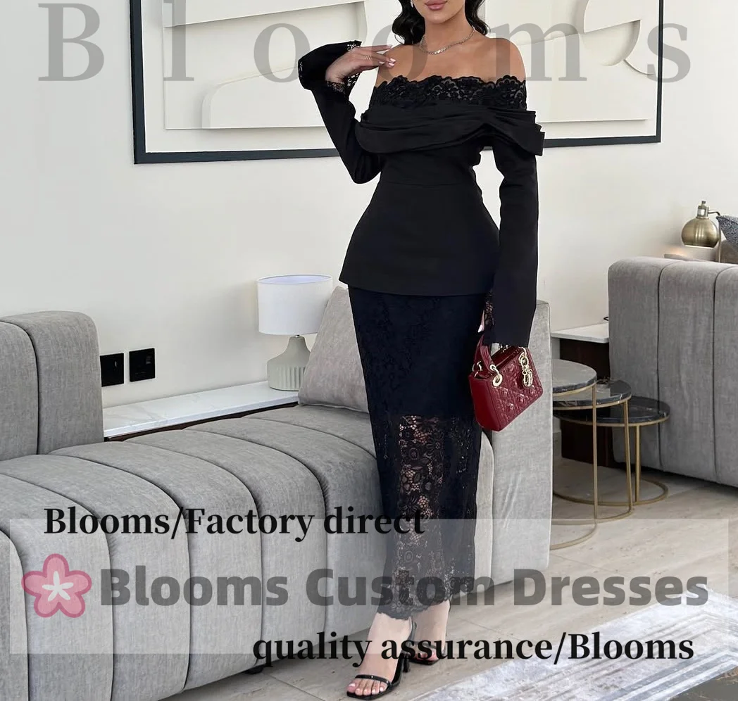 Blooms op maat gemaakte off-shoulder avondjurk lange mouwen enkellange zwarte kant formele gelegenheid elegante feestjurk voor prom