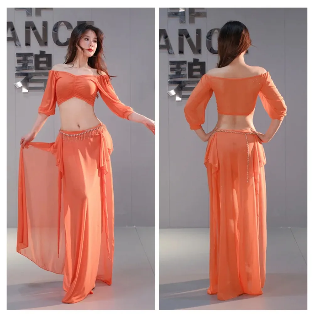 

2-Piece Belly Dance Practice Costume Chiffon Top with Skirt Set, Oriental Dance Performance Outfit for Women Stage Wear