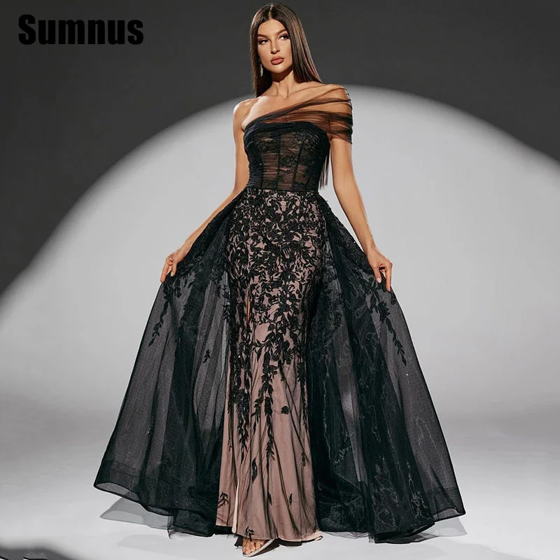 Sumnus ลูกไม้สีดํา A-Line ชุดราตรี Elegant One-Shoulder เซ็กซี่ชุดราตรีด้านข้างแยกชั้นความยาว Gowns อย่างเป็นทางการที่กําหนดเอง