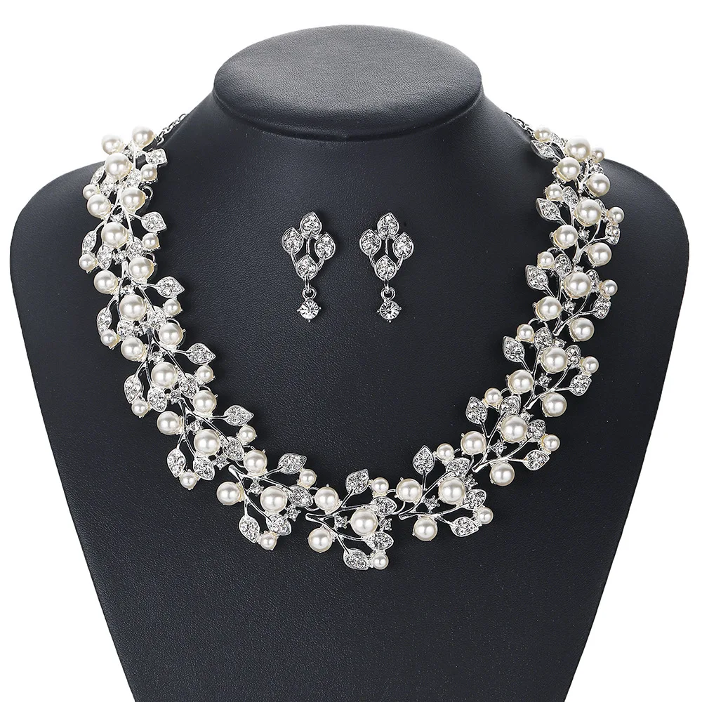 Fashion Women Bridal Elegant Wedding 3pcs/set Party Pearl Rhinestone Angle Necklace Earrings Jewelry Set Banquet Gift