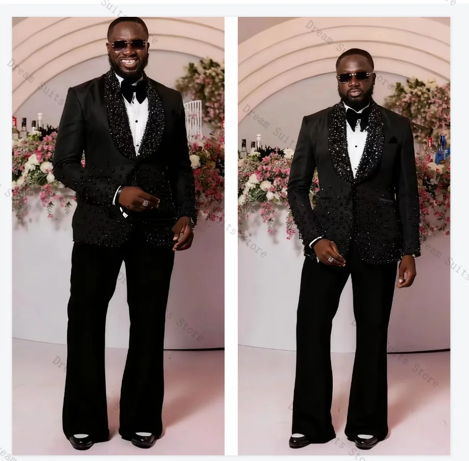 

Black Crystals Men Suit Set 2 Piece Blazer+Pants Trousers Cotton Customized Formal Office Jacket Wedding Tuxedos Coat Outfit