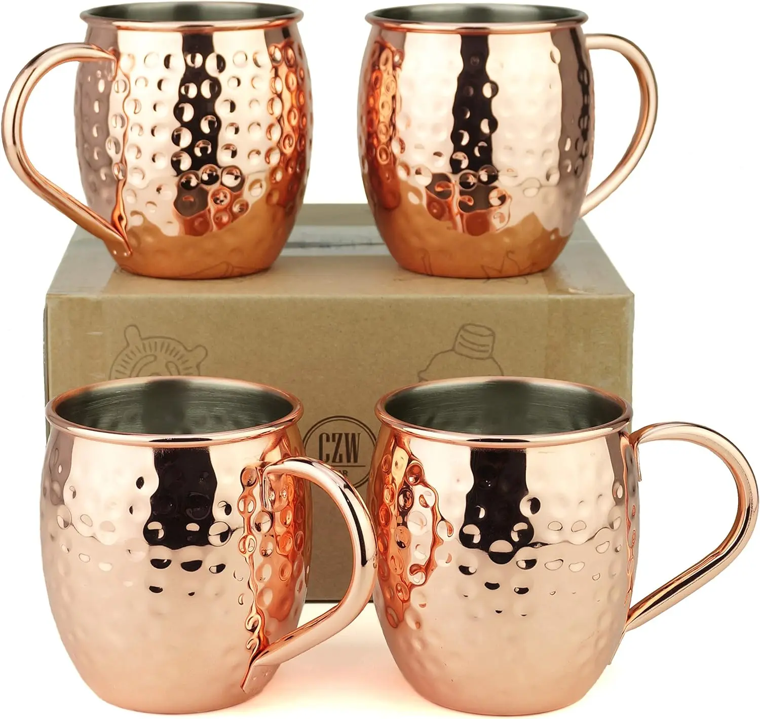 4pcs Moscow Mule Mugs Large Size 19 ounces Hammered Cups Stainless Steel Lining Copper Plating