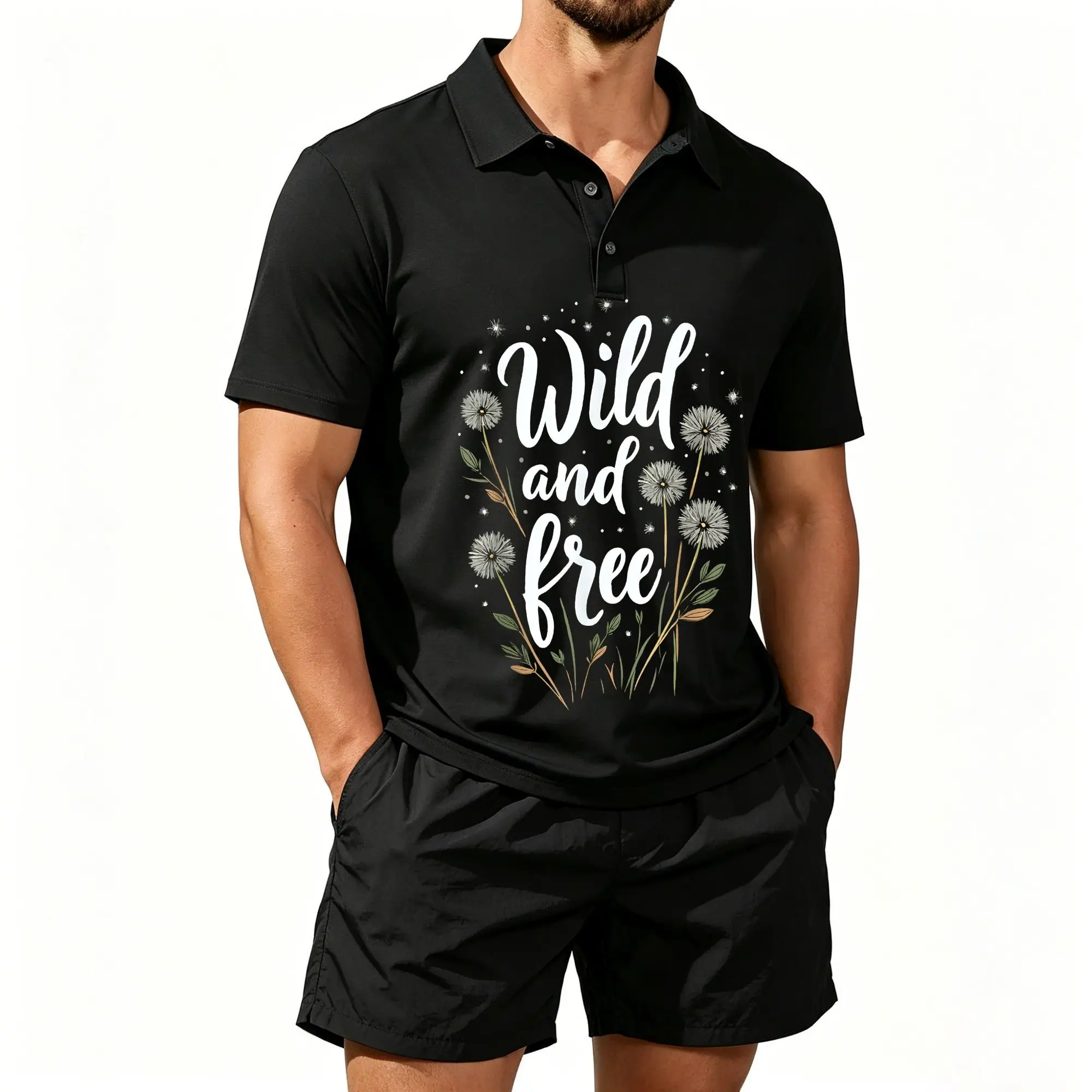 Men's Short-Sleeved Polo Shirt Set, Wild Dandelion Theme, Suitable for Everyday Wear and Outdoor Activities. The Fabric Is Breathable and Skin-Friendly and Can Be Machine Washed.