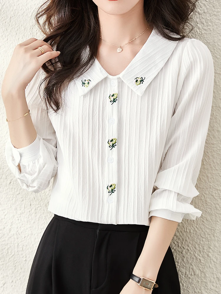 

QOERLIN Chic Embroidered Floral OL White Shirts Spring Autumn Long Sleeve Button Up Blouse Female Soft Elegant Tops 100% Cotton