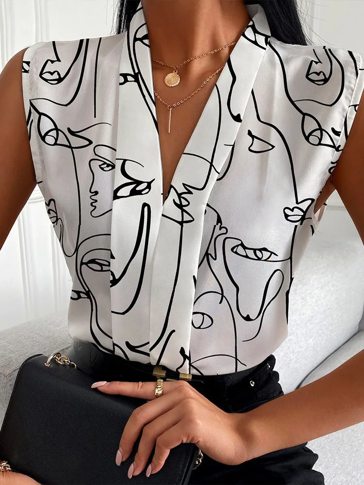 2023 Summer White Women's Shirts New Office Lady Print  Sleeveless V-neck Elegant Women Blouse Top Streetwear Female Clothing